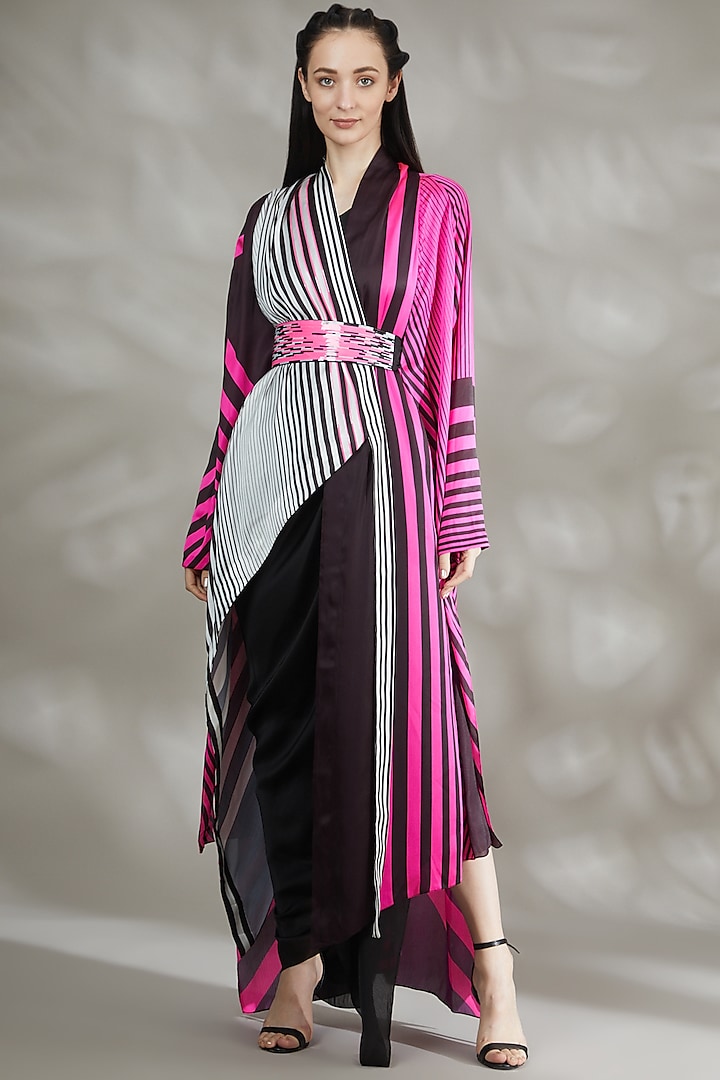 Black & Neon Pink Chiffon Draped Cape Set by Amit Aggarwal