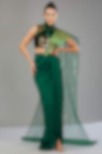 Teal Green Striped Fabric & Chiffon Skirt Set by Amit Aggarwal at Pernia's Pop Up Shop