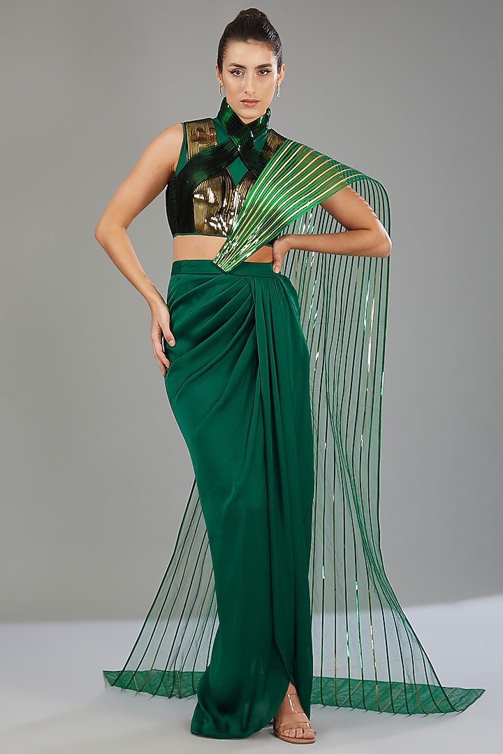 Teal Green Striped Fabric & Chiffon Skirt Set by Amit Aggarwal at Pernia's Pop Up Shop