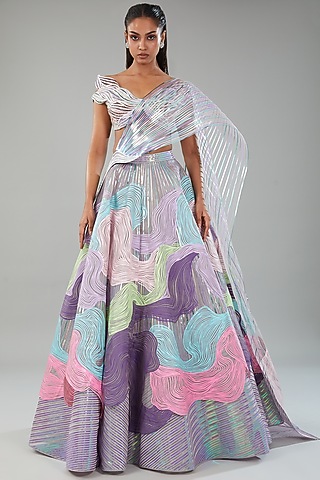 Multi-Colored Striped & Tulle Lehenga Set by Amit Aggarwal