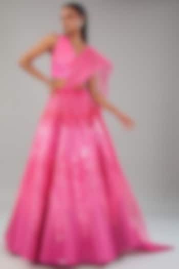 Neon Pink Striped & Tulle Bridal Lehenga Set by Amit Aggarwal at Pernia's Pop Up Shop