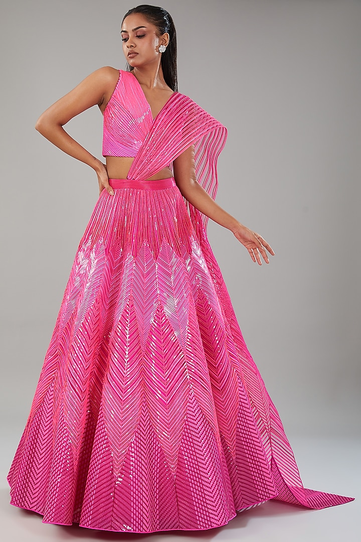 Neon Pink Striped & Tulle Bridal Lehenga Set by Amit Aggarwal at Pernia's Pop Up Shop