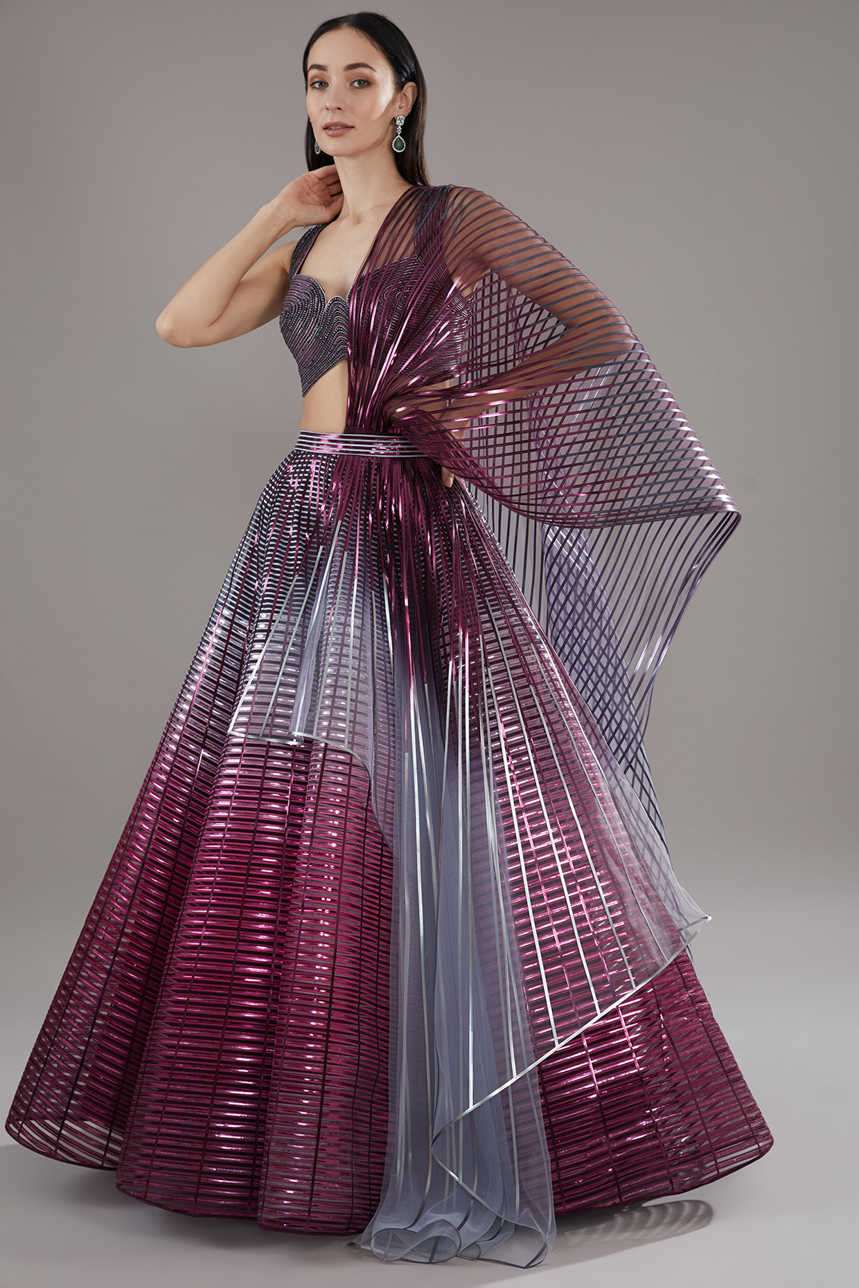 Plum Metallic Polymer & Chiffon Bridal Lehenga Set by Amit Aggarwal at Pernia's Pop Up Shop