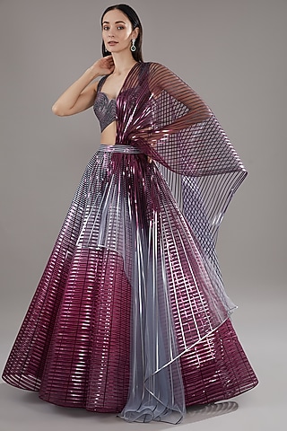 Plum Metallic Polymer & Chiffon Lehenga Set by Amit Aggarwal