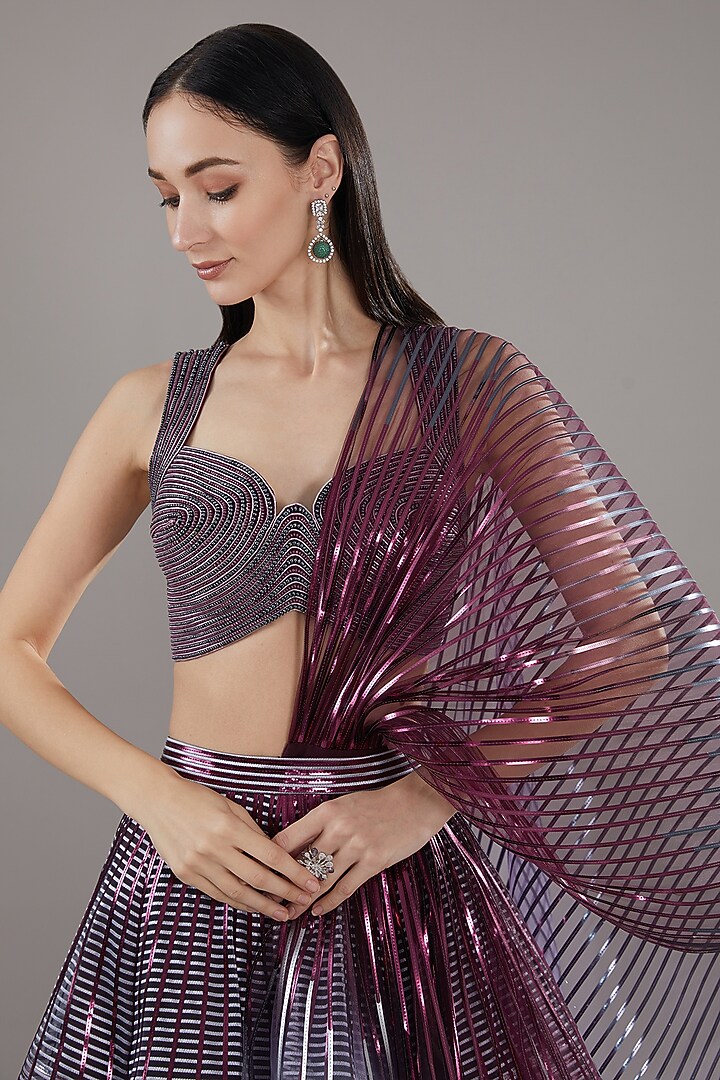 Plum Metallic Polymer & Chiffon Bridal Lehenga Set by Amit Aggarwal at Pernia's Pop Up Shop
