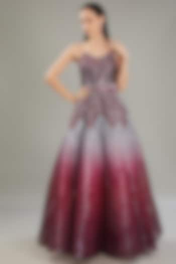 Plum Metallic Polymer & Chiffon Bridal Gown With Belt by Amit Aggarwal at Pernia's Pop Up Shop