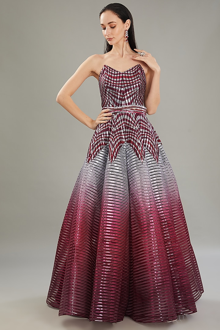 Plum Metallic Polymer & Chiffon Bridal Gown With Belt by Amit Aggarwal at Pernia's Pop Up Shop