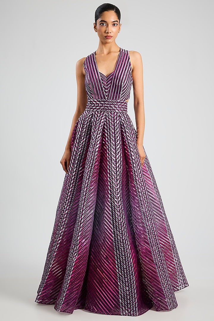 Plum Metallic Polymer Bridal Gown by Amit Aggarwal at Pernia's Pop Up Shop