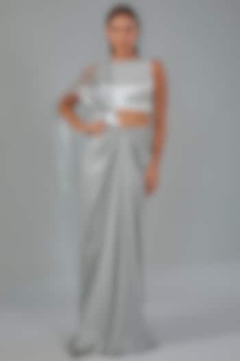 Grey Metallic Polymer & Chiffon Draped Skirt Set by Amit Aggarwal