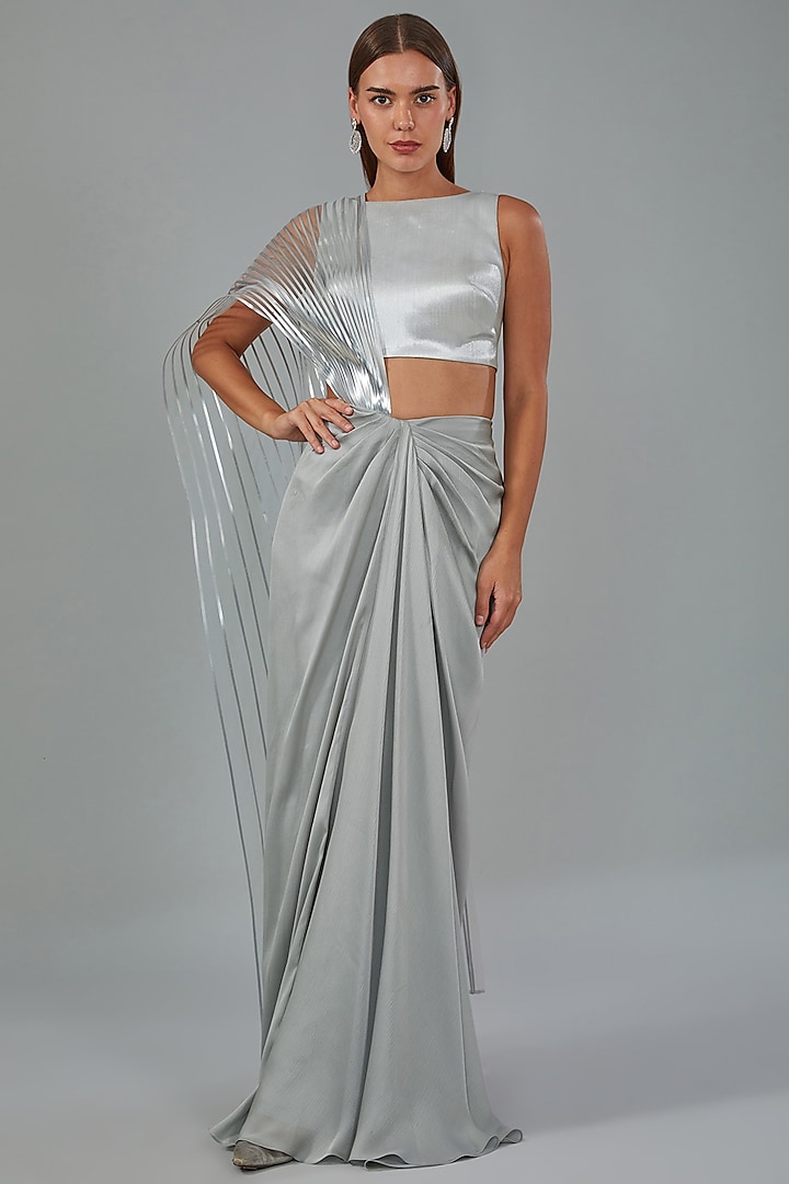 Grey Metallic Polymer & Chiffon Draped Skirt Set by Amit Aggarwal