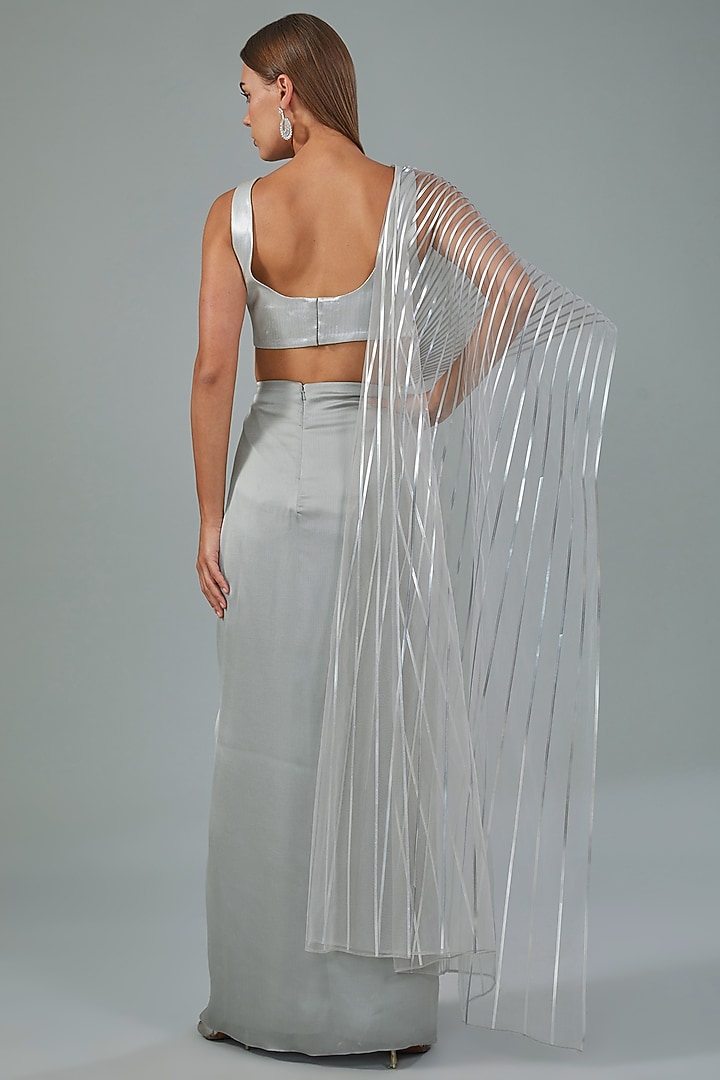 Grey Metallic Polymer & Chiffon Draped Skirt Set by Amit Aggarwal at Pernia's Pop Up Shop