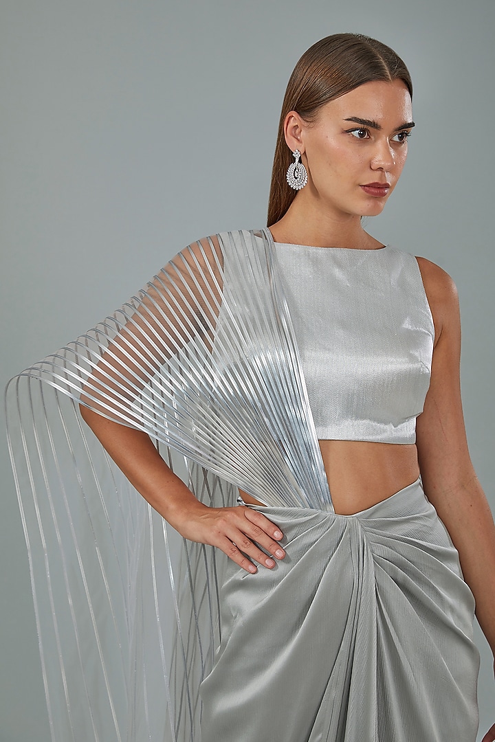 Grey Metallic Polymer & Chiffon Draped Skirt Set by Amit Aggarwal at Pernia's Pop Up Shop