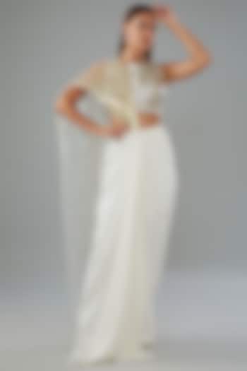 White Metallic Polymer Draped Skirt Set by Amit Aggarwal at Pernia's Pop Up Shop