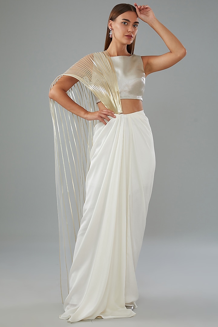 White Metallic Polymer Draped Skirt Set by Amit Aggarwal at Pernia's Pop Up Shop