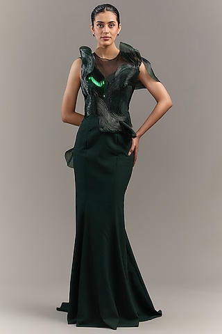 Emerald Metallic Polymer & Crepe Chiffon Gown by Amit Aggarwal