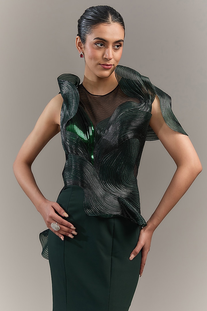 Emerald Metallic Polymer & Crepe Chiffon Wedding Gown by Amit Aggarwal at Pernia's Pop Up Shop