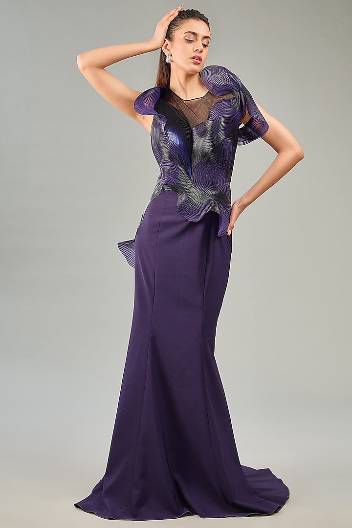 Purple Metallic Polymer & Crepe Chiffon Gown by Amit Aggarwal