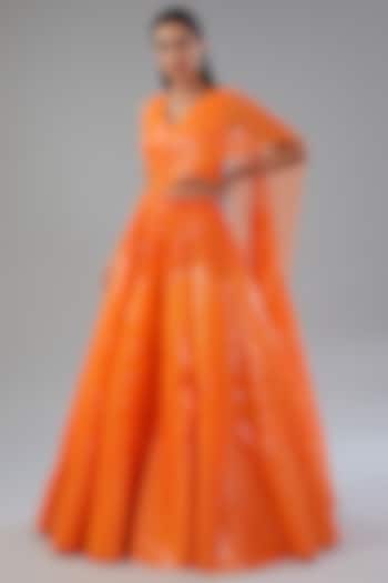 Neon Orange Metallic Polymer Bridal Lehenga Set by Amit Aggarwal at Pernia's Pop Up Shop