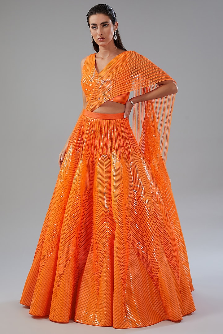 Neon Orange Metallic Polymer Bridal Lehenga Set by Amit Aggarwal at Pernia's Pop Up Shop