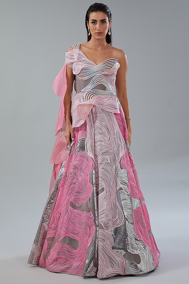 Blush Pink Metallic Polymer & Chiffon Bridal Gown by Amit Aggarwal at Pernia's Pop Up Shop