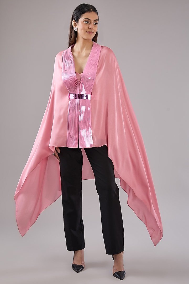 Onion Pink Metallic Polymer & Crepe Chiffon Cape With Belt by Amit Aggarwal
