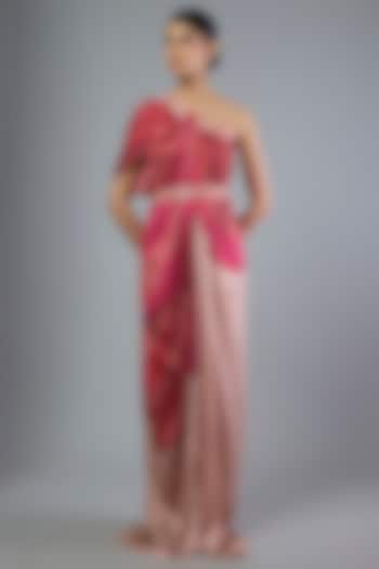 Rose Pink Satin Chiffon Printed Maxi Cocktail Dress With Belt by Amit Aggarwal at Pernia's Pop Up Shop