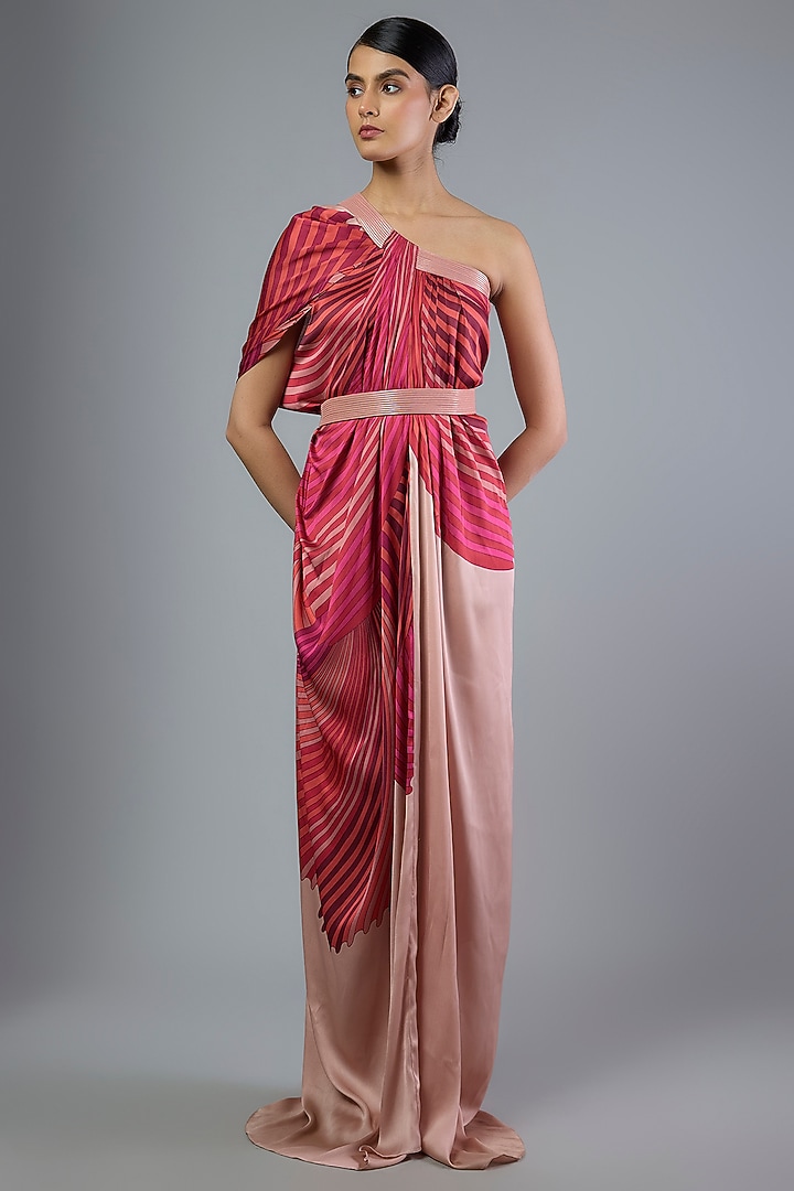 Rose Pink Satin Chiffon Printed Maxi Cocktail Dress With Belt by Amit Aggarwal at Pernia's Pop Up Shop