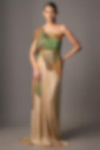 Emerald Satin Chiffon Printed Cocktail Dress by Amit Aggarwal at Pernia's Pop Up Shop