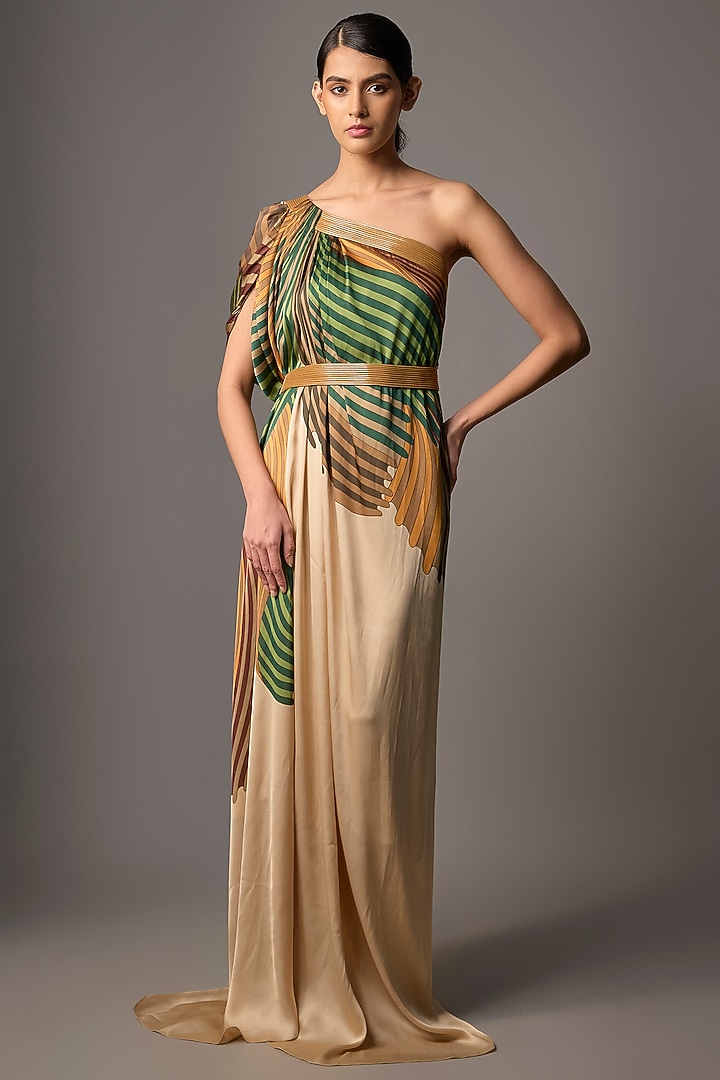 Emerald Satin Chiffon Printed Cocktail Dress by Amit Aggarwal at Pernia's Pop Up Shop