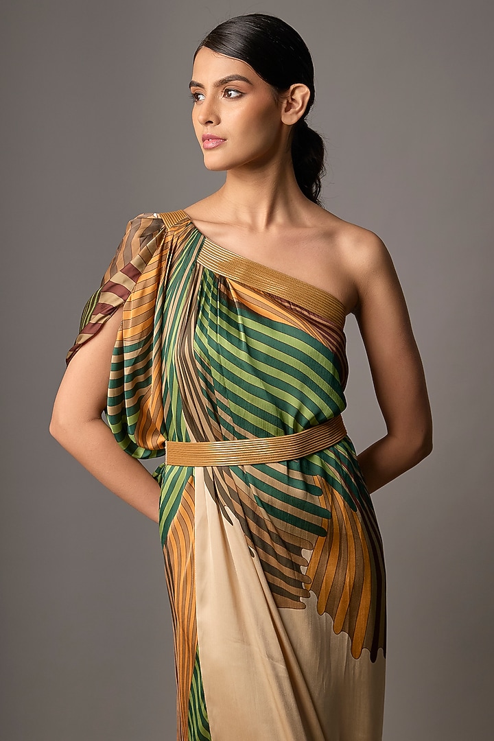 Emerald Satin Chiffon Printed Cocktail Dress by Amit Aggarwal at Pernia's Pop Up Shop