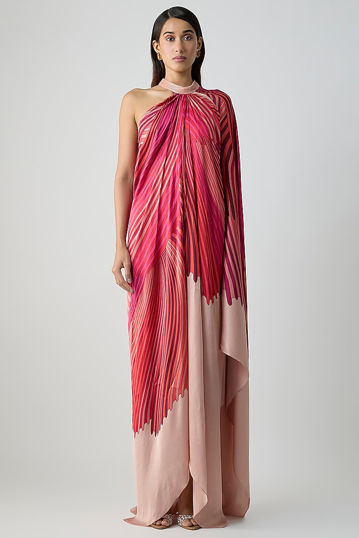 Rose Pink Satin Chiffon Printed Maxi Cocktail Dress by Amit Aggarwal at Pernia's Pop Up Shop