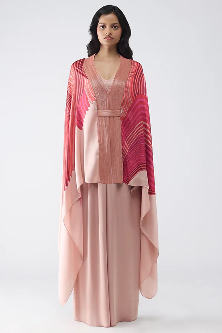 Rose Pink Satin Chiffon Printed Cape Set by Amit Aggarwal at Pernia's Pop Up Shop
