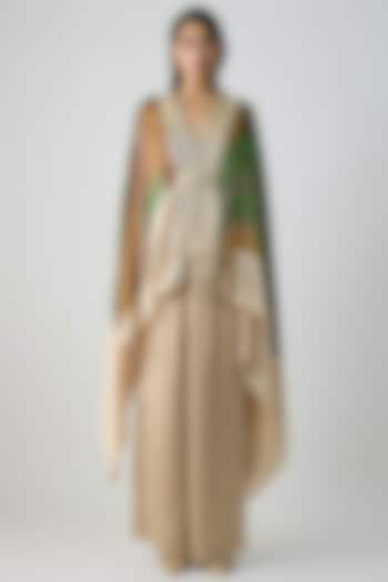 Emerald Green Satin Chiffon Cape Set by Amit Aggarwal at Pernia's Pop Up Shop