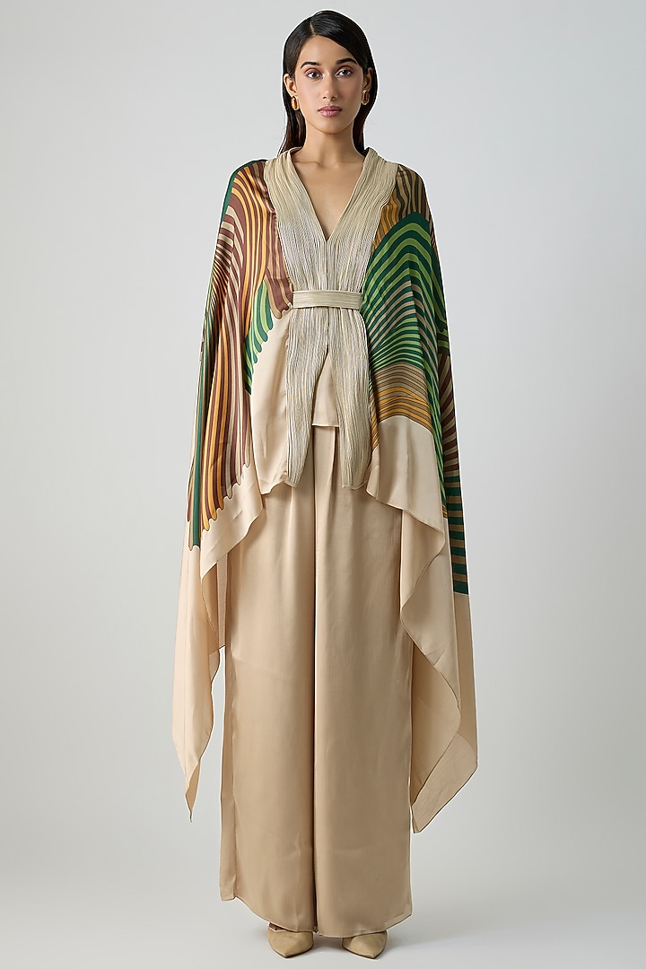 Emerald Green Satin Chiffon Cape Set by Amit Aggarwal at Pernia's Pop Up Shop