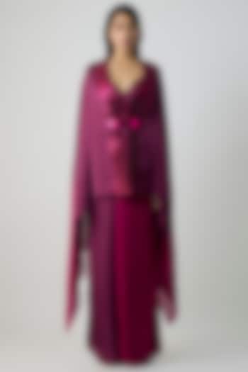 Wine & Fuchsia Satin Chiffon Cape Set by Amit Aggarwal at Pernia's Pop Up Shop