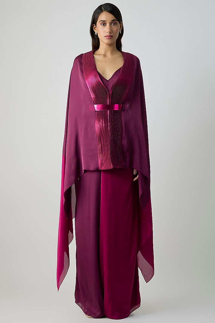 Wine & Fuchsia Satin Chiffon Cape Set by Amit Aggarwal at Pernia's Pop Up Shop