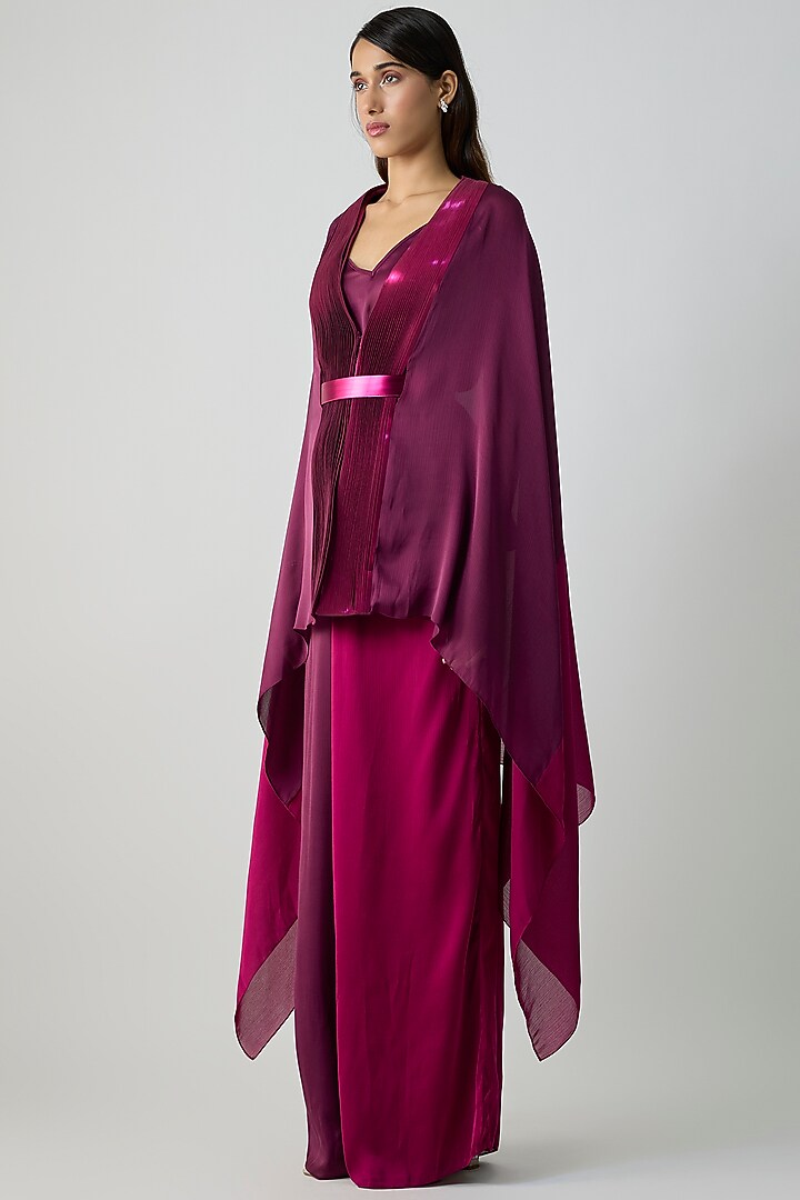 Wine & Fuchsia Satin Chiffon Cape Set by Amit Aggarwal at Pernia's Pop Up Shop
