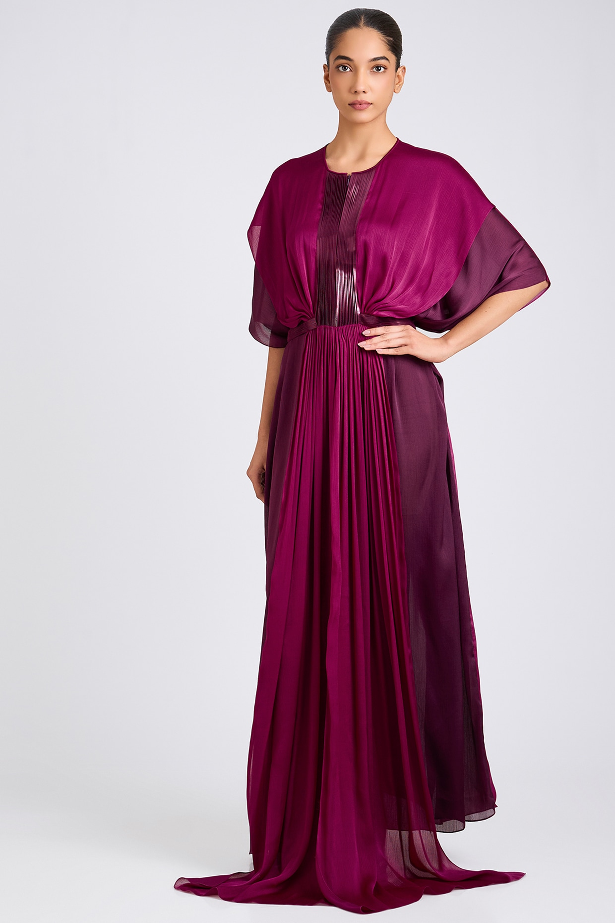Amit Aggarwal Wine Chiffon Dress