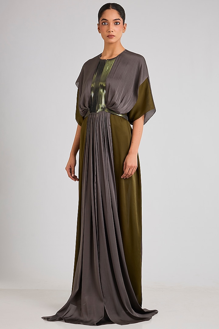 Olive & Pewter Chiffon Cocktail Dress by Amit Aggarwal at Pernia's Pop Up Shop