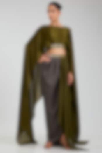 Olive Green Satin Cape Set by Amit Aggarwal at Pernia's Pop Up Shop