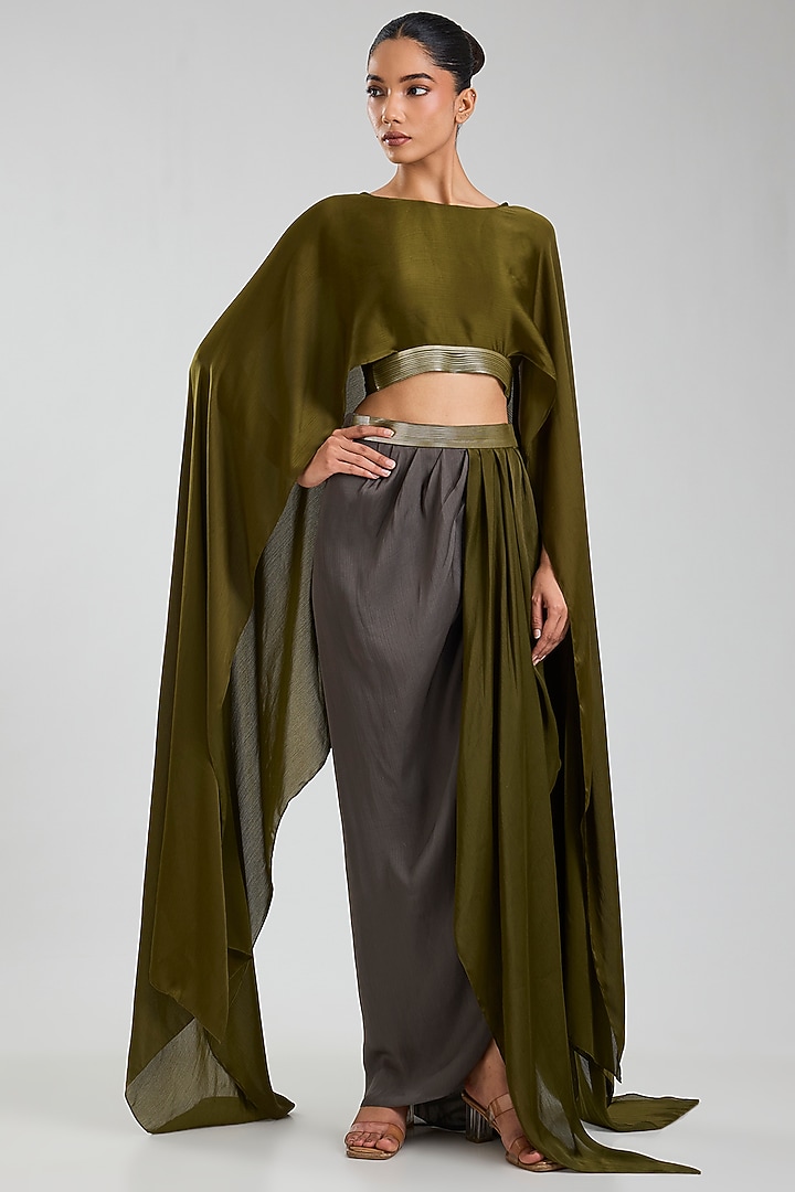 Olive Green Satin Cape Set by Amit Aggarwal at Pernia's Pop Up Shop