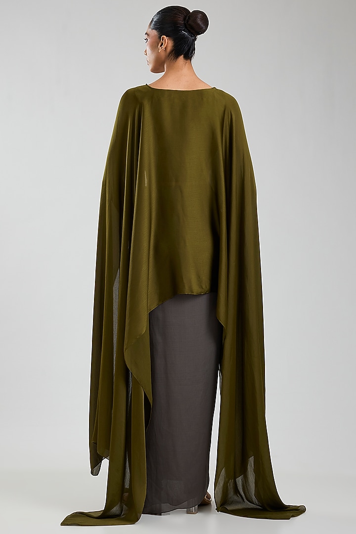 Olive Green Satin Cape Set by Amit Aggarwal at Pernia's Pop Up Shop