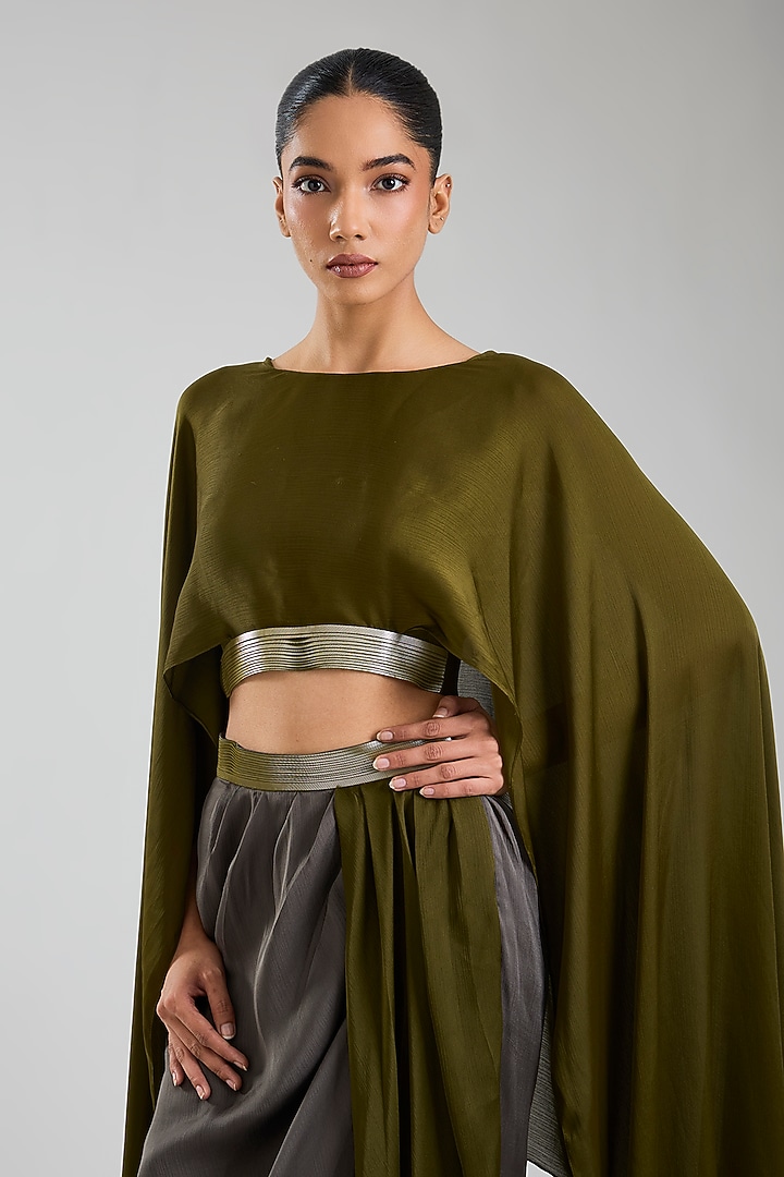 Olive Green Satin Cape Set by Amit Aggarwal at Pernia's Pop Up Shop