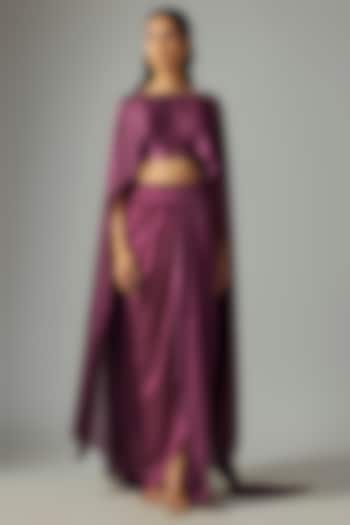 Wine Fuchsia Satin Chiffon Skirt Set by Amit Aggarwal at Pernia's Pop Up Shop