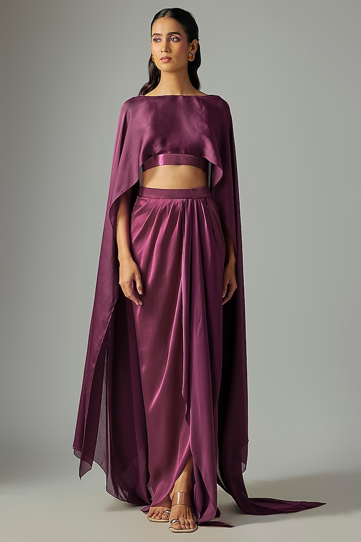 Wine Fuchsia Satin Chiffon Skirt Set by Amit Aggarwal at Pernia's Pop Up Shop