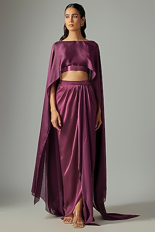 Wine Fuchsia Satin Chiffon Skirt Set by Amit Aggarwal