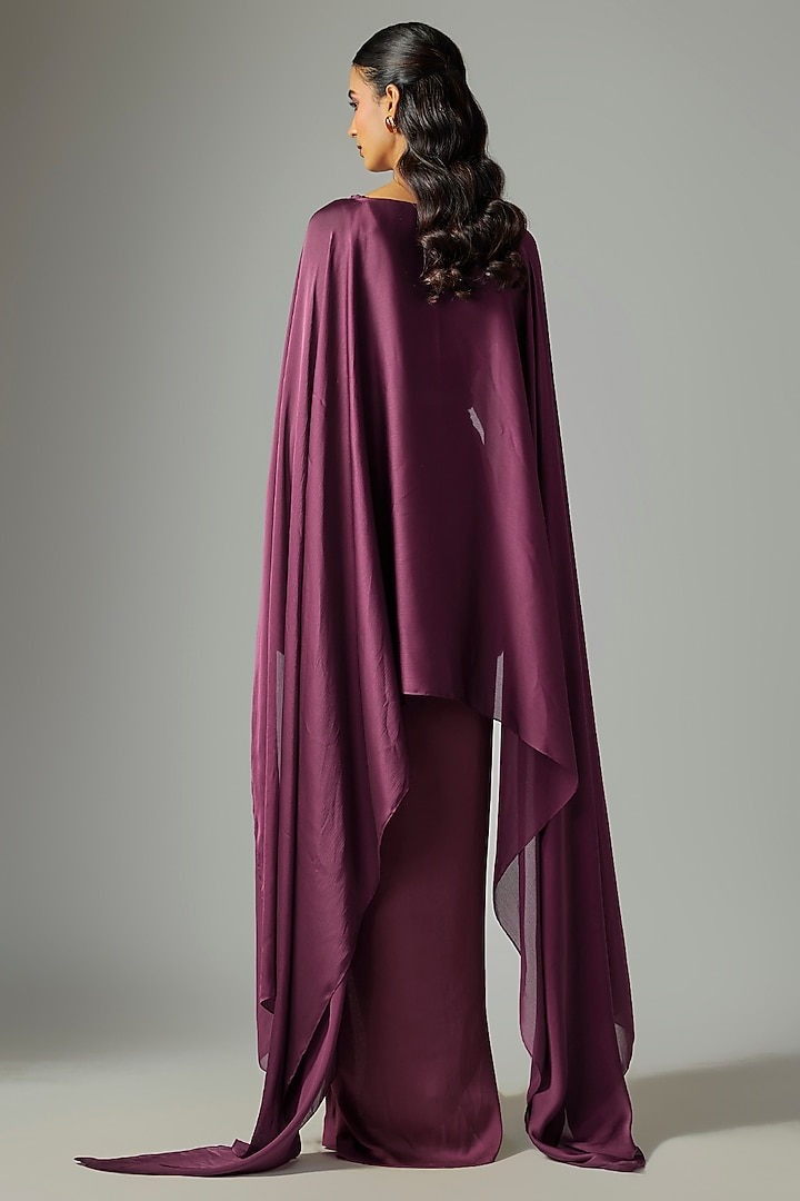 Wine Fuchsia Satin Chiffon Skirt Set by Amit Aggarwal at Pernia's Pop Up Shop