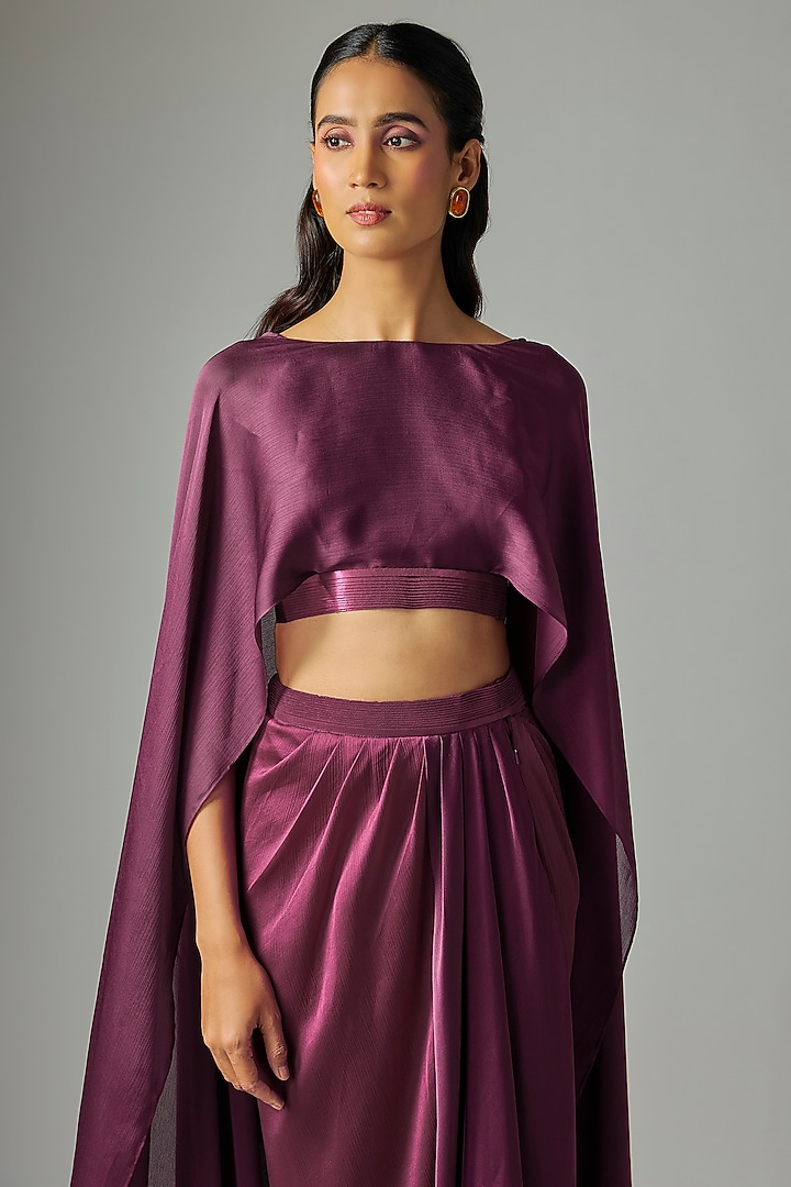 Wine Fuchsia Satin Chiffon Skirt Set by Amit Aggarwal at Pernia's Pop Up Shop