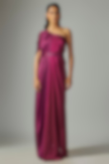 Wine Fuchsia Satin Chiffon Cocktail Dress With Belt by Amit Aggarwal at Pernia's Pop Up Shop