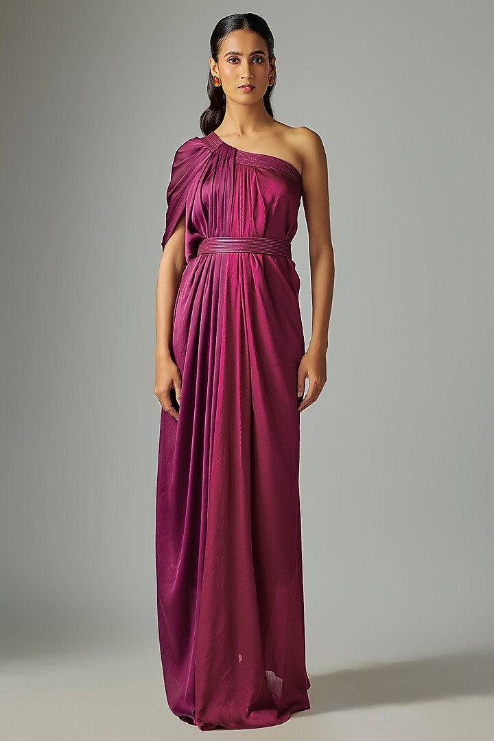 Wine Fuchsia Satin Chiffon Cocktail Dress With Belt by Amit Aggarwal at Pernia's Pop Up Shop